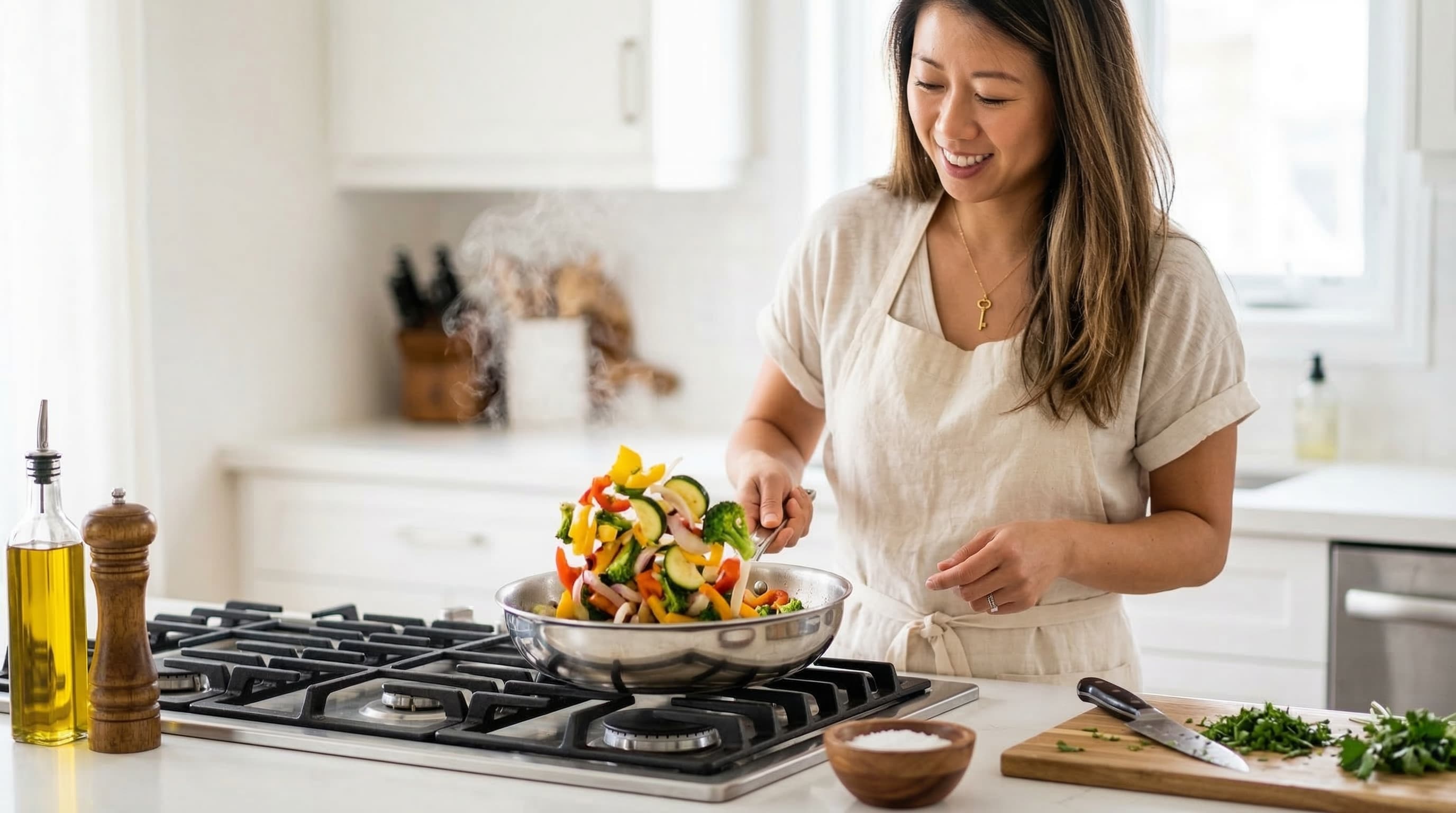 Sam tossing vegetables in a pan