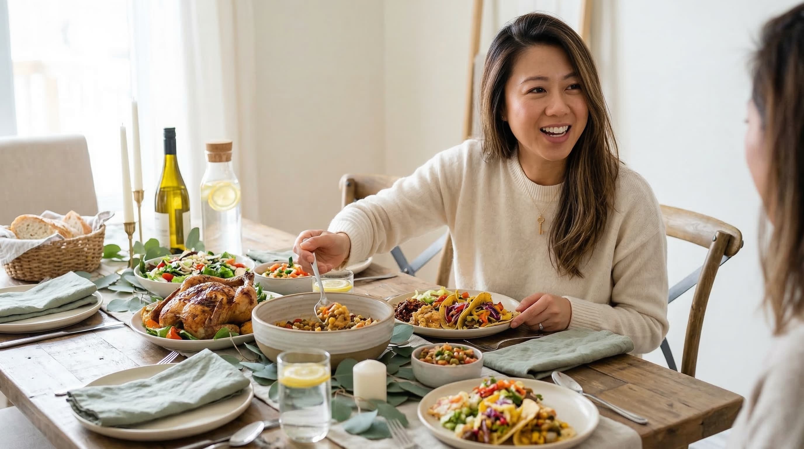 Sam serving a family meal at the table