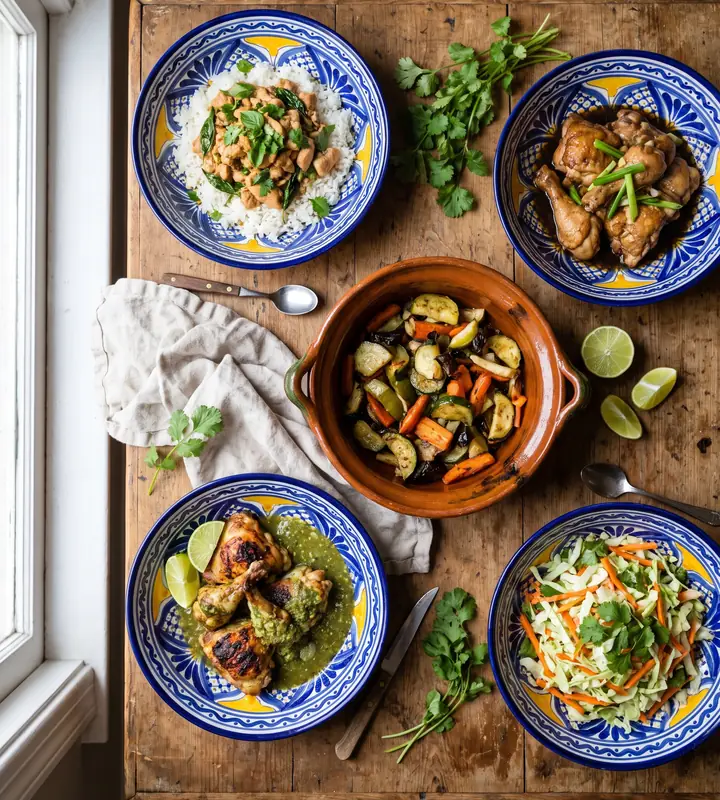 Illustrative overhead image of a family table with Thai basil chicken, soy sauce chicken, fire-roasted chicken, roasted vegetables and slaw in Talavera bowls